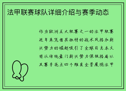 法甲联赛球队详细介绍与赛季动态