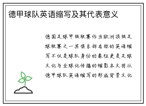 德甲球队英语缩写及其代表意义