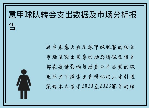 意甲球队转会支出数据及市场分析报告