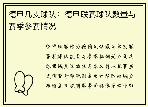 德甲几支球队：德甲联赛球队数量与赛季参赛情况